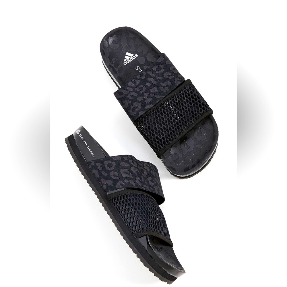 STELLA McCARTNEY x ADIDAS Core Black Lette Leopard Print Sandals Slides sz 9
